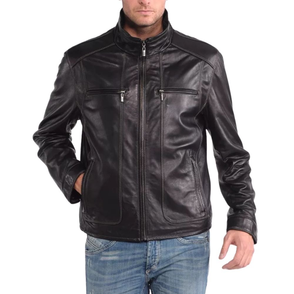 Men's Zip Pockets Black Biker Leather Jacket - Front look