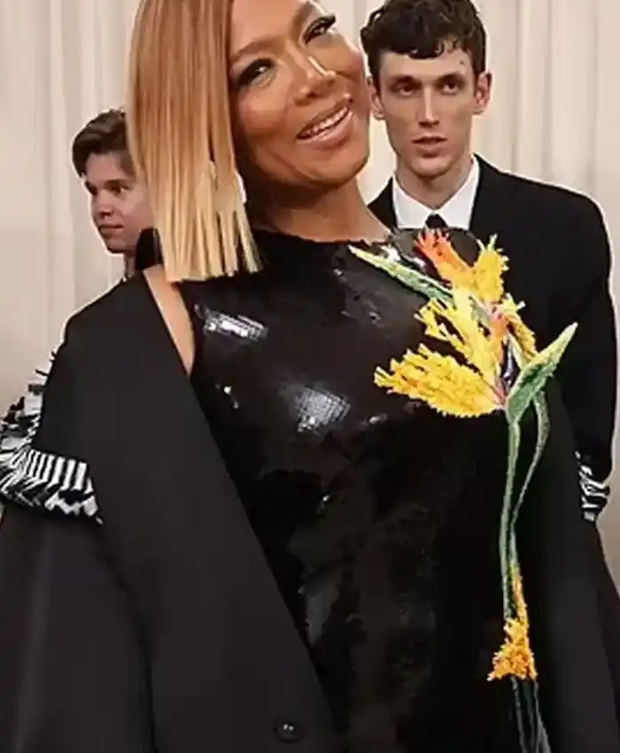 Met Gala Queen Latifah Black Long Floral Coat For Sale