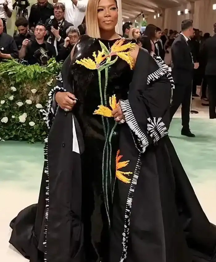 Met Gala Queen Latifah Black Long Floral Coat