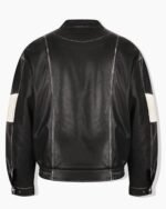 Oversized-White-Stripe-Black-Leather-Racing-Jacket-Back-look