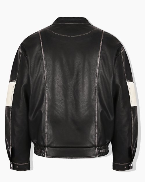 Oversized-White-Stripe-Black-Leather-Racing-Jacket-Back-look