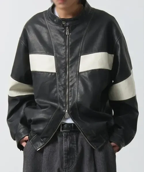 oversized racing black leather jacket