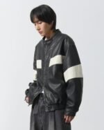 Oversized White Stripe Black Leather Racing Jacket - Character Wear Side look