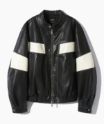 Oversized-White-Stripe-Black-Leather-Racing-Jacket-Front-look