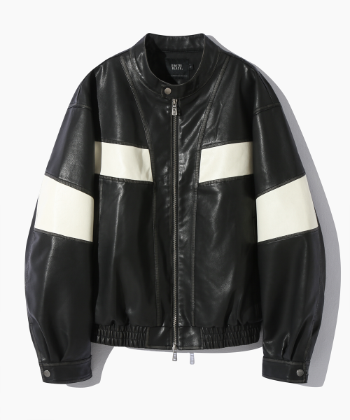 Oversized-White-Stripe-Black-Leather-Racing-Jacket-Front-look