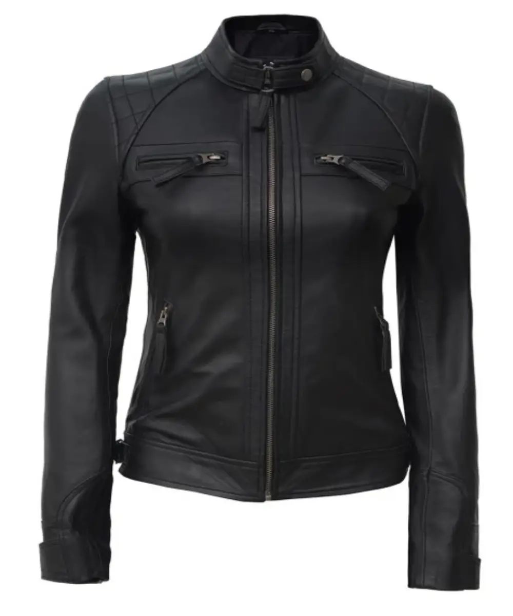 Women Petite Black Leather Biker Jacket