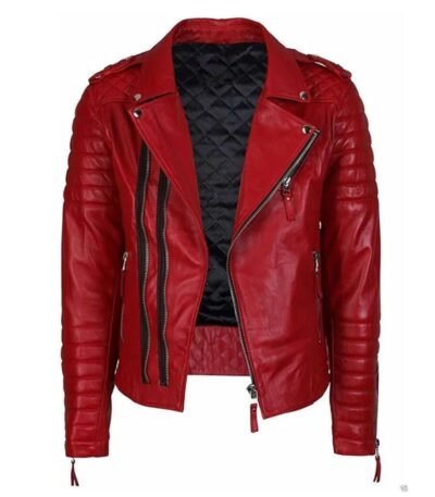 Men Quilted Red Biker Leather Jacket