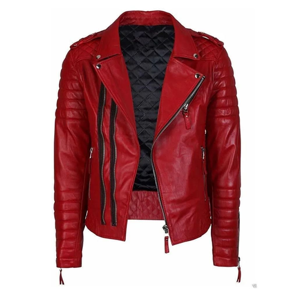 Men Quilted Red Biker Leather Jacket