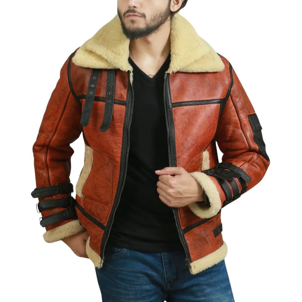 RAF B3 Fur Lined Brown Leather Jacket - Front look Two