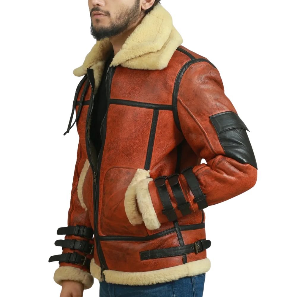 RAF B3 Fur Lined Brown Leather Jacket - Side look