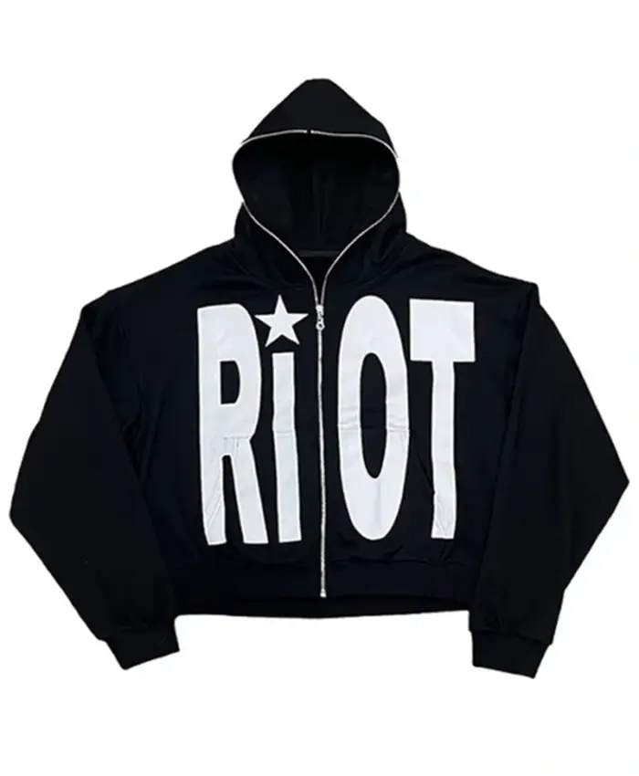 Riot Black Zip Up Fleece Hoodie For Sale