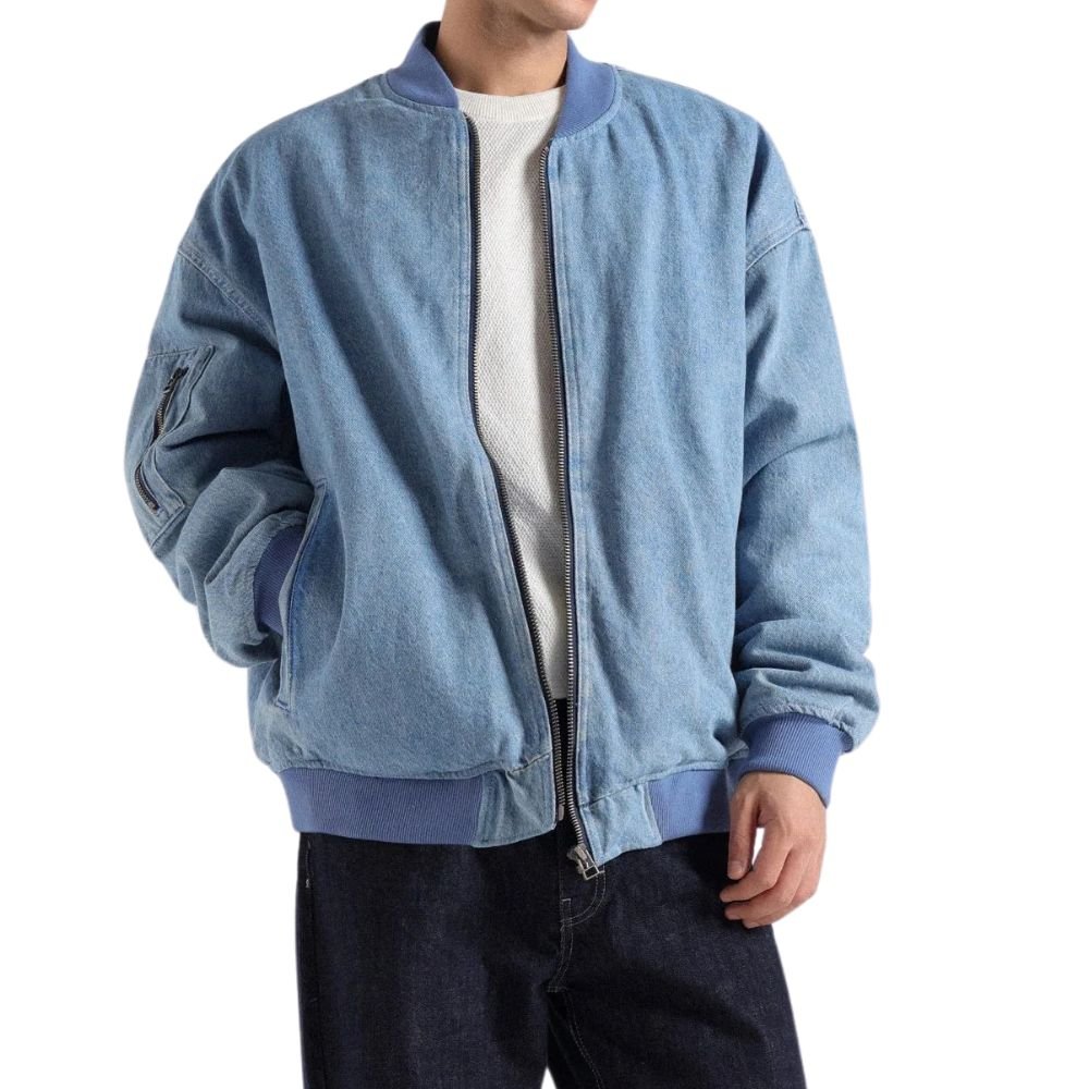 Unisex Blue Denim Bomber Jacket - Front look Open