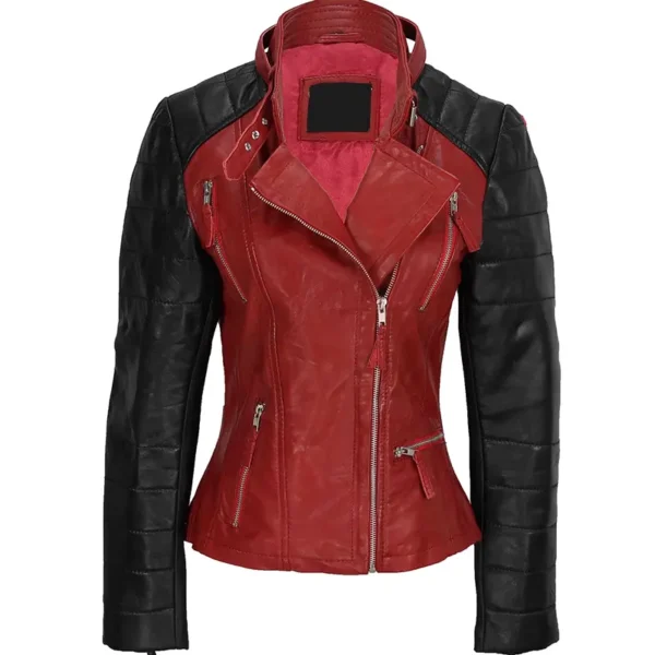 Women Red And Black Biker Leather Jacket