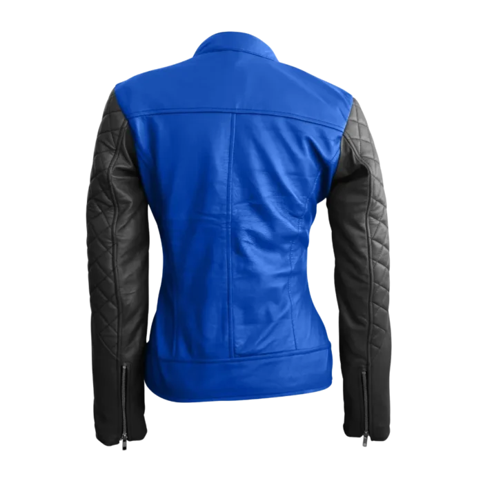 Women-Blue-with-Black-Sleeves-Quilted-Leather-Jacket-Back-look