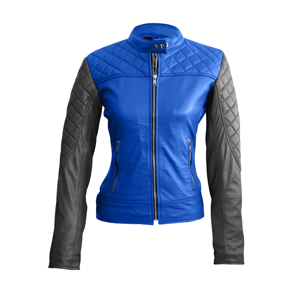 Women-Blue-with-Black-Sleeves-Quilted-Leather-Jacket-Front-look