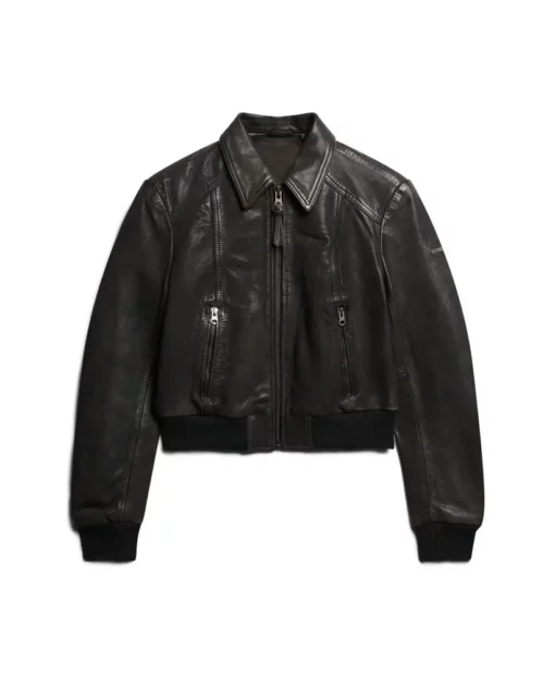 Women's Cropped Bomber Leather Jacket - Black Front look