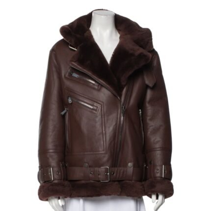 Women Brown Aviator Style Shearling Leather Jacket - Front look