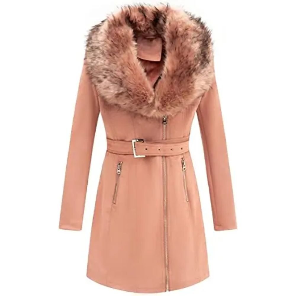 Women Pink Suede Leather Pea Fur Coat