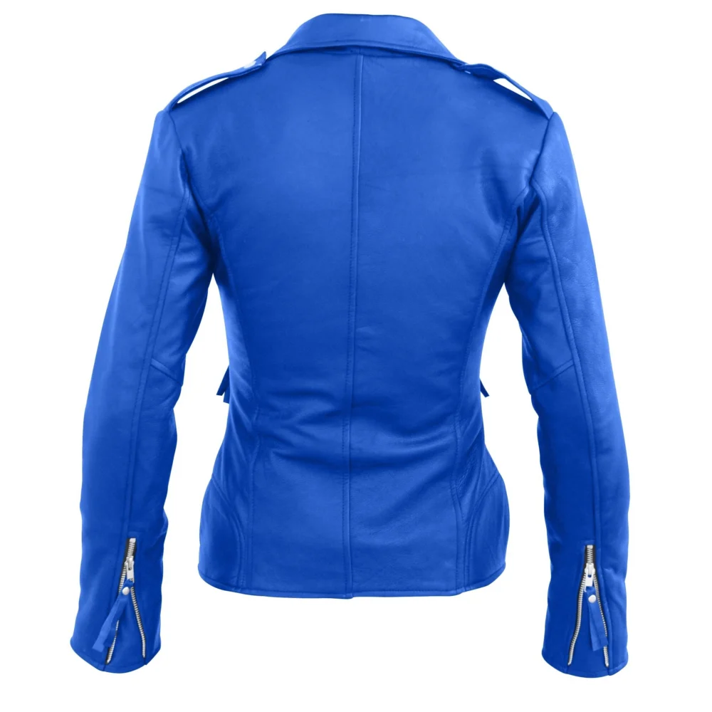 Women's Blue Brando Biker Leather Jacket - Back look