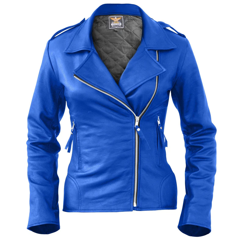 women blue brando biker leather jacket