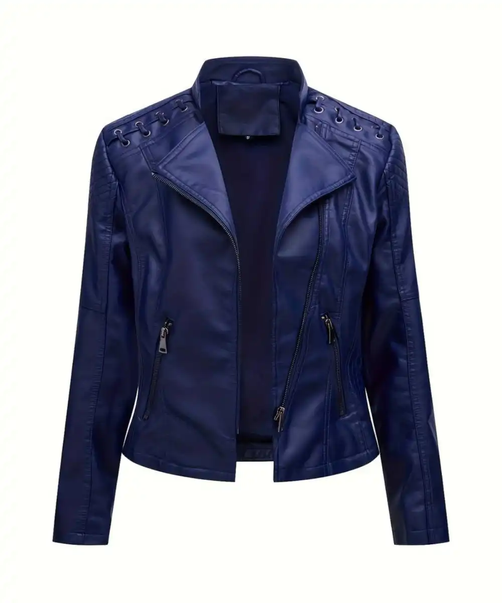 Women Blue Fitted Biker Jacket