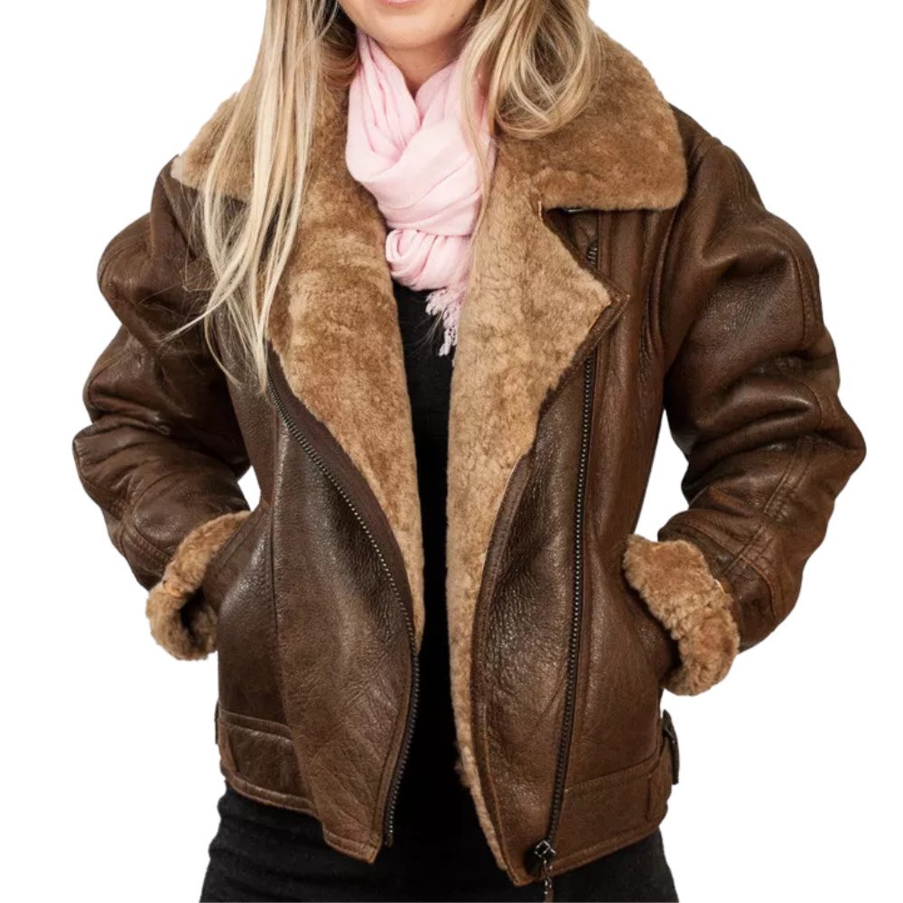 Women's Brown Fur Lined Distressed Leather Jacket - Main Front look