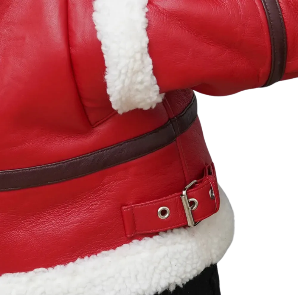 Women's Christmas Red Leather Shearling Lined Jacket - Bottom