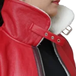 Women's Christmas Red Leather Shearling Lined Jacket - Collar