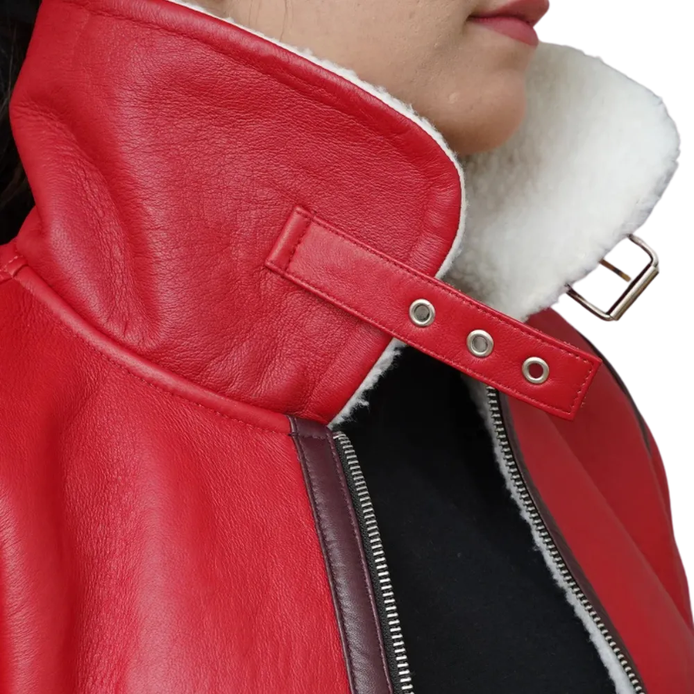 Women's Christmas Red Leather Shearling Lined Jacket - Collar
