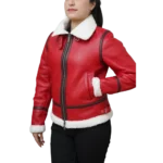 Women's Christmas Red Leather Shearling Lined Jacket - Side lok 2