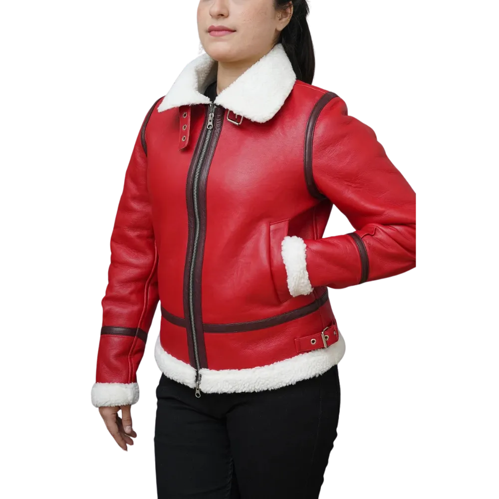 Women's Christmas Red Leather Shearling Lined Jacket - Side lok 2