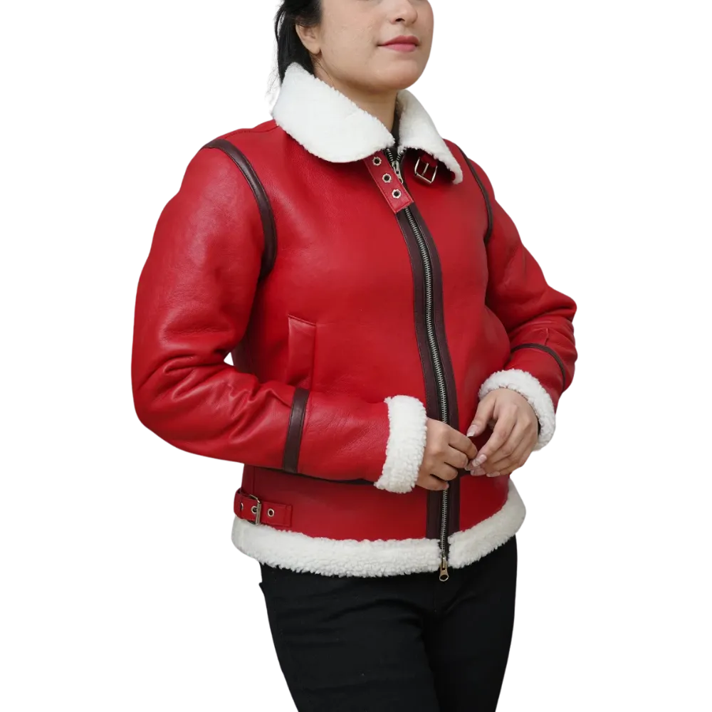 Women's Christmas Red Leather Shearling Lined Jacket - Side look 1