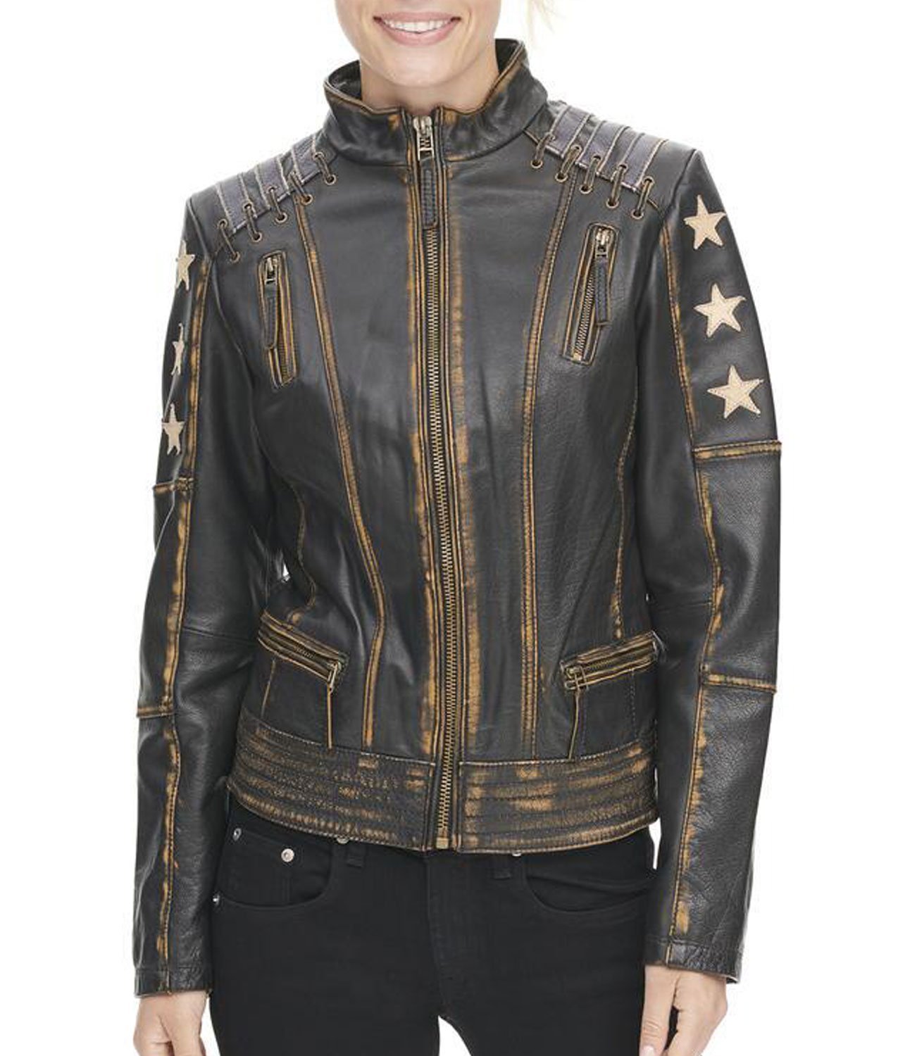 women stars and stripes distressed brown leather jacket