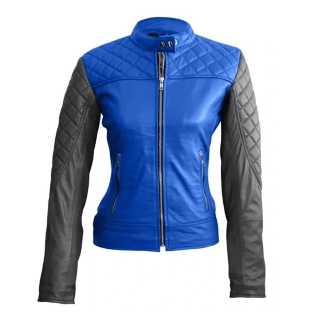 Blue Quilted Women Leather Jacket