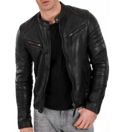 Cafe Racer Black Leather Jacket For Men