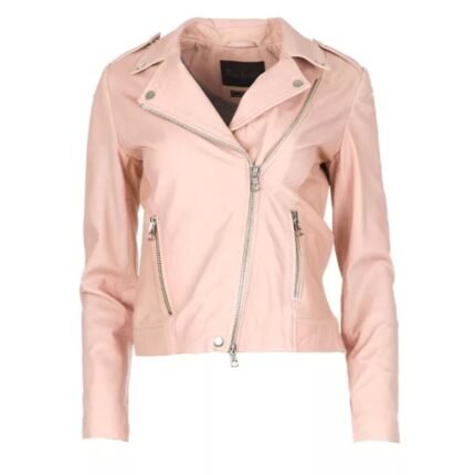 women asymmetrical zipper pink biker jacket