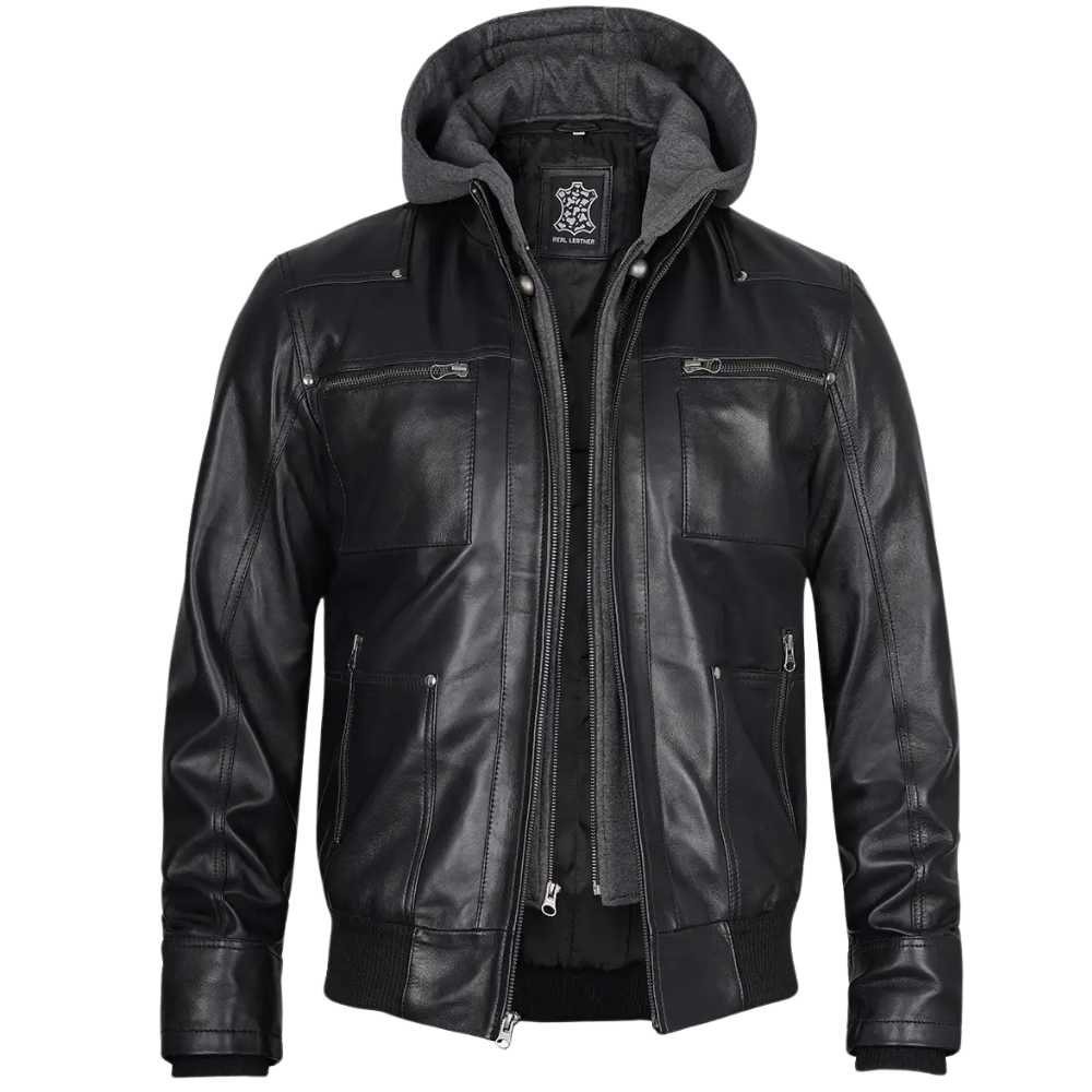 Men's Black Leather Bomber Jacket with Removable Hood