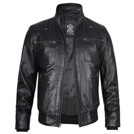 Men's Black Leather Bomber Jacket with Removable Hood