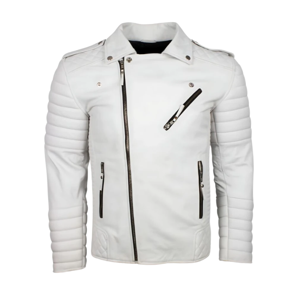 Mens Brando Boda Biker White Leather Jacket