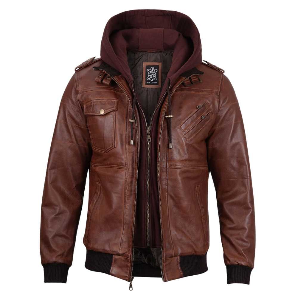 Mens Brown Leather Bomber Jacket With Removable Hood