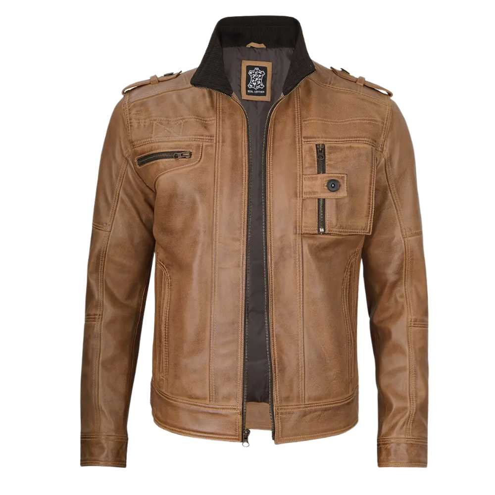 Mens Camel Brown Biker Leather Jacket