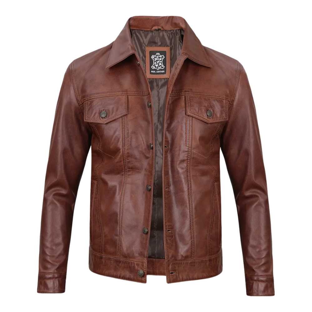 Mens Cognac Trucker Brown Leather Jacket