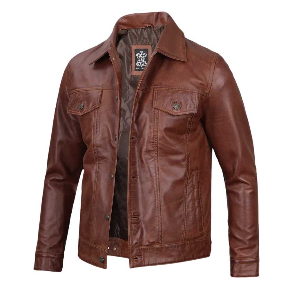 Mens Cognac Trucker Brown Leather Jacket