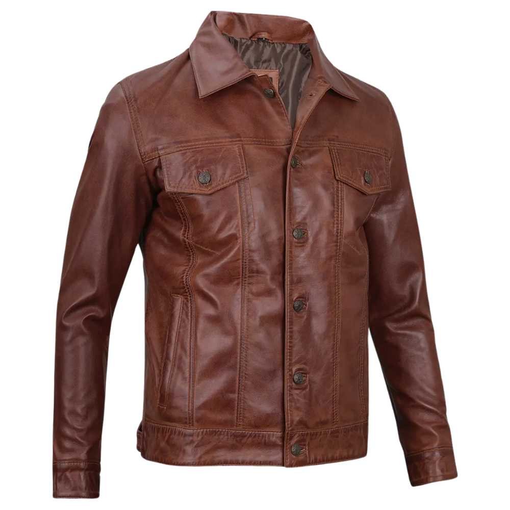 Mens Cognac Trucker Brown Leather Jacket