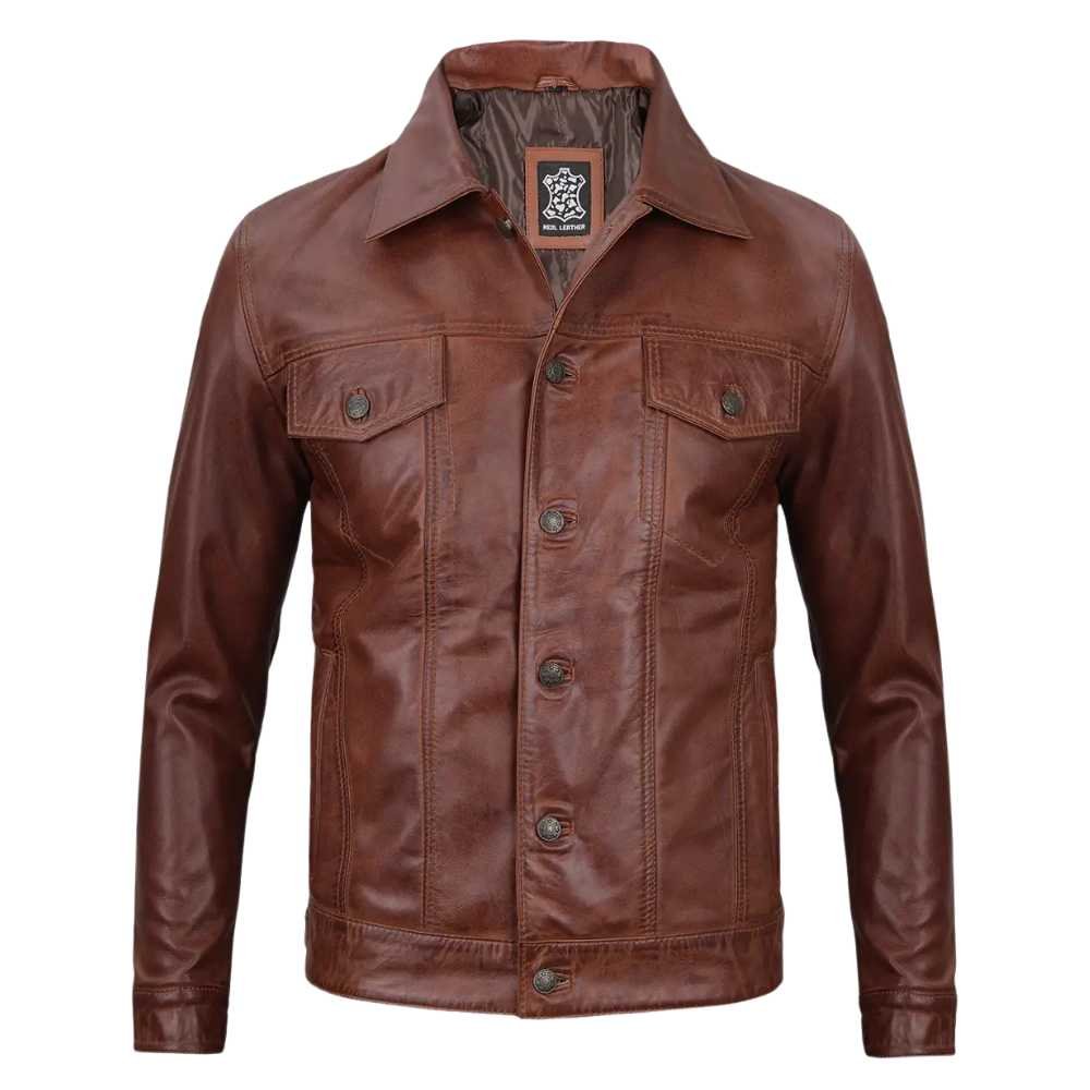 Mens Cognac Trucker Brown Leather Jacket