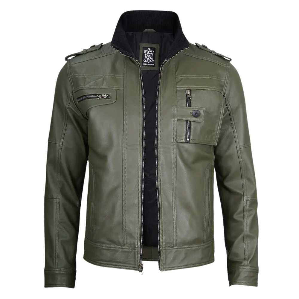 Mens Military Green Biker Leather Jacket