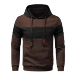 Mens Pullover Patchwork Plaid Jacquard Brown Hoodie