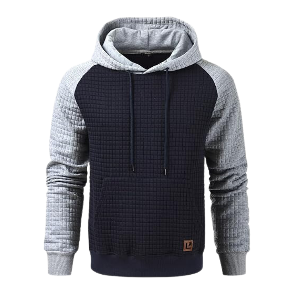 Mens Patchwork Plaid Jacquard Blue and Grey Hoodie