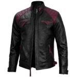 Mens Maroon and Black Cafe Racer Leather Jacket