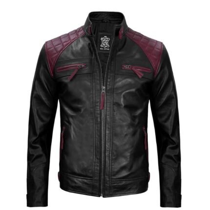 Mens Maroon and Black Cafe Racer Leather Jacket